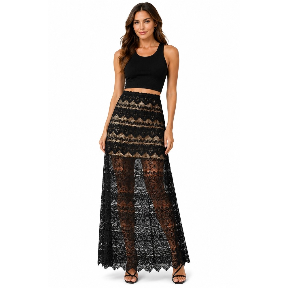 Nightcap Clothing Black Lace Maxi Skirt Boho Sheer Crochet Scalloped Size 1 S